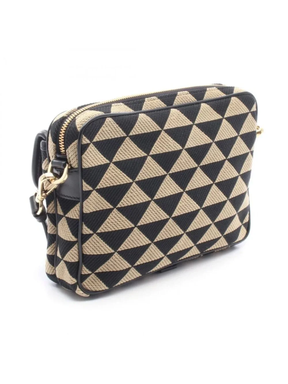 Prada Shoulder Bag Symbol Embroidery Beige Black Canvas Leather